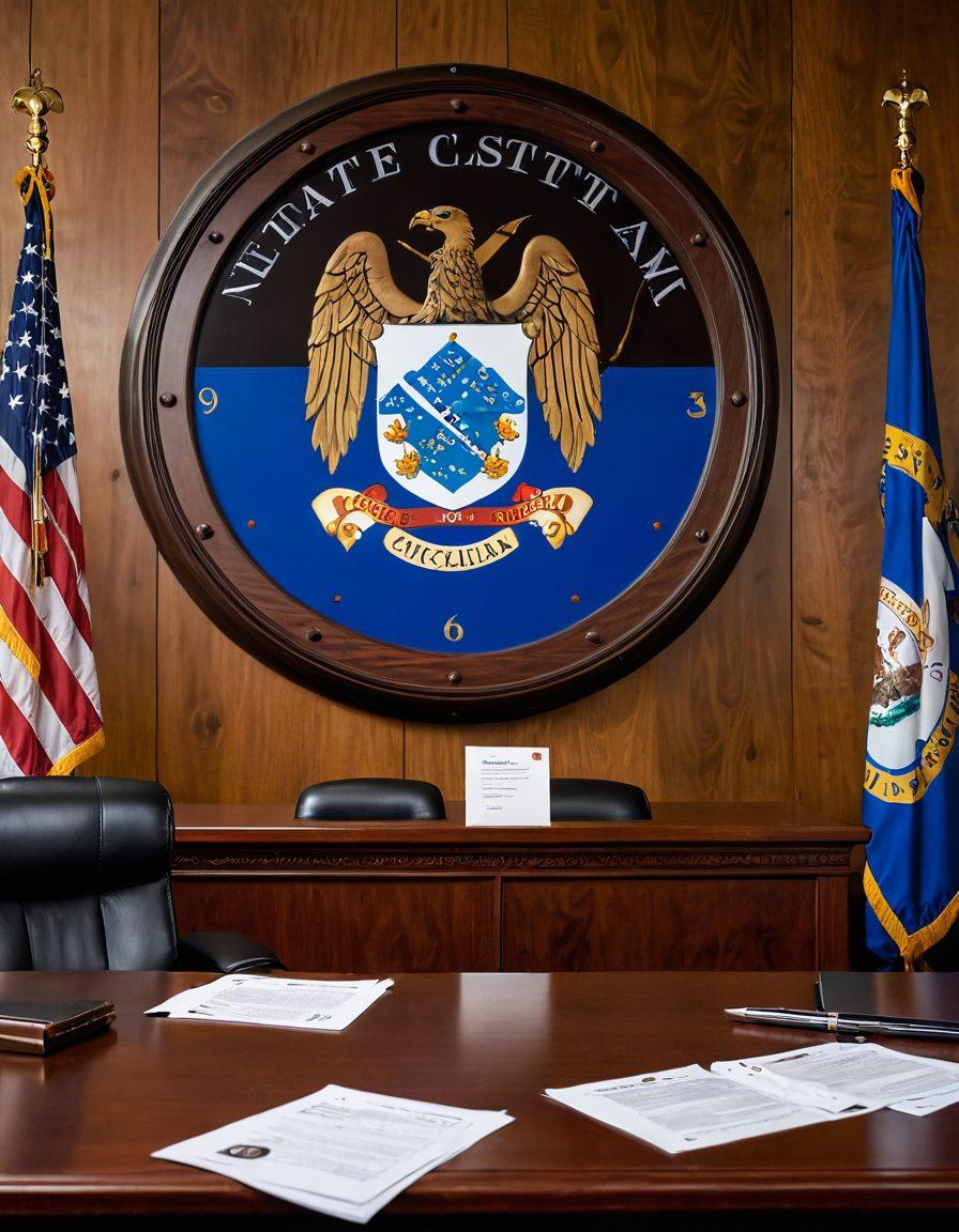 A vibrant courtroom scene in North Carolina, showcasing a large wall clock symbolizing deadlines, legal documents scattered on a polished wooden table, a gavel in the foreground, and a backdrop of the North Carolina state flag. The atmosphere reflects urgency and professionalism. super-realistic. vibrant colors. white background.