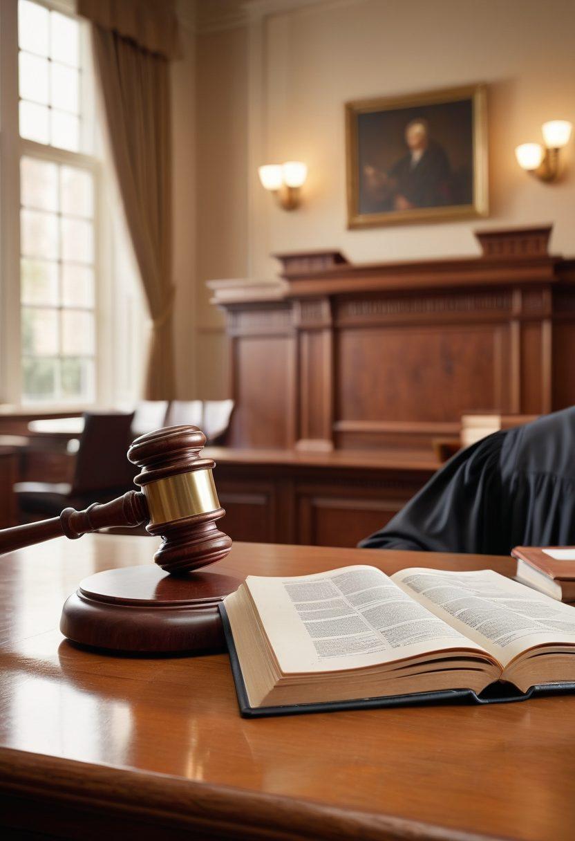 A serene courtroom scene showcasing a gavel, legal books, and a calendar emphasizing court appearance dates. A judge's bench in the background with blurred figures representing lawyers and clients in discussion. Light filtering through large windows casts a calm glow on the scene, creating an atmosphere of understanding and professionalism. super-realistic. warm tones. soft light.